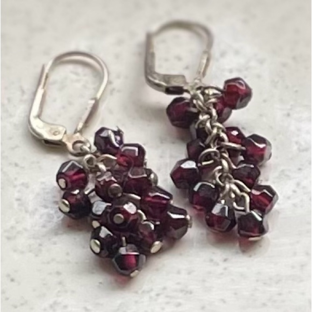 Sterling Silver Earrings Cluster Of Dark Red Garnets,Parties,Dangle